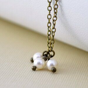 Dainty Crystal Pearl Trio Necklace in Antiqued Brass